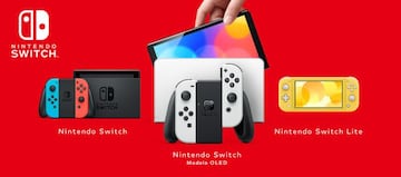 Familia de consolas Nintendo Switch: modelo original por 299 euros (izquierda); modelo OLED por 349 euros (centro); modelo Lite 219 euros (derecha)