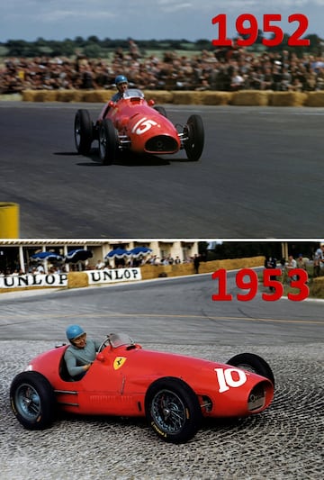 Alberto Ascari obtuvo en 1952 el primero de sus dos títulos mundiales con el Ferrari 500, ganando las seis carreras disputadas en Europa. En la imagen en el circuito de Silverstone, en el GP de Gran Bretaña el 19 de julio. En 1953 conseguiría su segundo campeonato con ese mismo coche. En la imagen en el GP de Francia, Reims-Gueux, el 5 de julio de 1953.