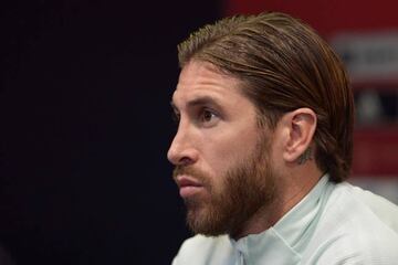 Spain's defender Sergio Ramos gives a press conference at the Ramon de Carranza stadium in Cadiz.