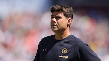 LANDOVER, MARYLAND - JULY 30: Mauricio Pochettino, Manager of Chelsea, looks on during the Premier League Summer Series match between Chelsea FC and Fulham FC at FedExField on July 30, 2023 in Landover, Maryland.   Mike Stobe/Getty Images/AFP (Photo by Mike Stobe / GETTY IMAGES NORTH AMERICA / Getty Images via AFP)