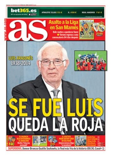 Atleti legend Luis Aragones (1930-2014) adorns the front cover on February 2, 2014 as the "Colchonero" world mourns his passing.