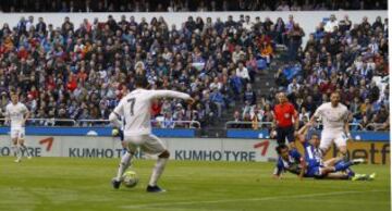 Cristiano finishes at the back post to put Madrid in front after just seven minutes.