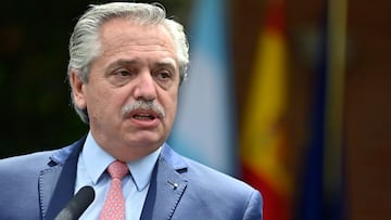 FILE PHOTO: Argentina's President Alberto Fernandez speaks during a brief joint news conference with Spain's Prime Minister Pedro Sanchez (not pictured) at the Moncloa Palace in Madrid, Spain, May 11, 2021. Gabriel Bouys/Pool via REUTERS/File Photo