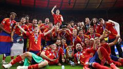 Los jugadores de la Selección posan con el trofeo de la Eurocopa.