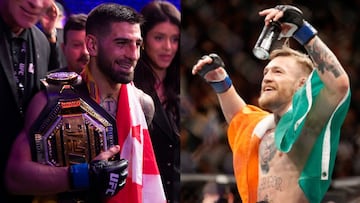 Ilia Topuria y Conor McGregor, ambos con sus cinturones de campeones.