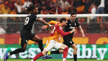 Soccer Football - UEFA Champions League - Play Off - First Leg - Galatasaray v Juventus - Rams Park, Istanbul, Turkey - February 17, 2026 Galatasaray's Baris Alper Yilmaz in action with Juventus' Khephren Thuram REUTERS/Murad Sezer