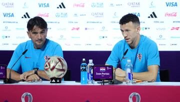 DOHA, QATAR - DECEMBER 12: Zlatko Dalic, Head Coach of Croatia and Ivan Perisic of Croatia speak during the Croatia Press Conference at  Main Media Center on December 12, 2022 in Doha, Qatar. (Photo by Mark Metcalfe - FIFA/FIFA via Getty Images)