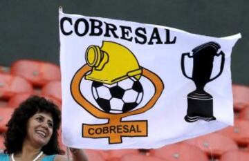 Football Soccer - Chile's Cobresal v Paraguay's Cerro Porteno - Copa Libertadores - Defensores del Chaco Stadium, Asuncion, Paraguay, 25/02/2016   A fan of Chile's Cobresal waves a flag before the soccer match against Paraguay's Cerro Porteno. REUTERS/Jorge Adorno