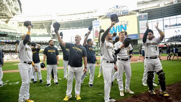 Oct 1, 2023; Milwaukee, Wisconsin, USA; Milwaukee Brewers players wave to fans after their final regular season game against the Chicago Cubs at American Family Field. Mandatory Credit: Benny Sieu-USA TODAY Sports