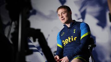 ENFIELD, ENGLAND - APRIL 20: Oliver Skipp of Tottenham Hotspur gives an interview after signing a new contract with the club at Tottenham Hotspur Training Centre on April 20, 2022 in Enfield, England. (Photo by Tottenham Hotspur FC/Tottenham Hotspur FC via Getty Images)