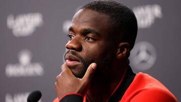 LONDON, ENGLAND - SEPTEMBER 25: Frances Tiafoe of Team World speaks to the media during a Team World press conference during Day Three of the Laver Cup at The O2 Arena on September 25, 2022 in London, England. (Photo by Luke Walker/Getty Images for Laver Cup)