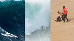 El surfista brasileño Willyam Santana surfeando una ola gigante en Nazaré, siendo atrapado por ella y en la playa, tirado en el suelo, el 11 de diciembre del 2023.