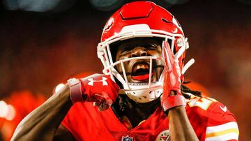 KANSAS CITY, MO - OCTOBER 21: Kareem Hunt #27 of the Kansas City Chiefs reacts after scoring the second touchdown of the game during the second quarter against the Cincinnati Bengals at Arrowhead Stadium on October 21, 2018 in Kansas City, Kansas. David Eulitt/Getty Images/AFP
== FOR NEWSPAPERS, INTERNET, TELCOS & TELEVISION USE ONLY ==