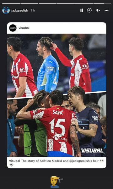 Jack Grealish, jugador del Manchester City, publicó en su perfil de Instagram las imágenes de los 'tirones' de pelo de Sime Vrsaljko y Stefan Savic.