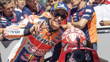 ASSEN, NETHERLANDS - JUNE 30: Marc Marquez of Spain and Repsol Honda Team celebrates the pole position at the end of the MotoGP Qualifying practice during the MotoGP Netherlands - Qualifying on June 30, 2018 in Assen, Netherlands. (Photo by Mirco Lazzari gp/Getty Images)