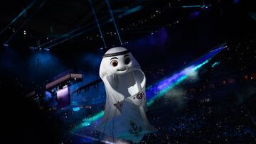 AL KHOR, QATAR - NOVEMBER 20: The mascot La’eeb prior to the FIFA World Cup Qatar 2022 Group A match between Qatar and Ecuador at Al Bayt Stadium on November 20, 2022 in Al Khor, Qatar. (Photo by Marvin Ibo Guengoer - GES Sportfoto/Getty Images)