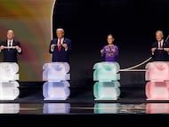 Dec 5, 2025; Washington, District of Columbia, USA; FIFA president Gianni Infantino, United States president Donald Trump, Mexico president Claudia Sheinbaum, and Canada prime minister Mark Carney on stage during the FIFA World Cup 2026 Final Draw at John F. Kennedy Center for the Performing Arts. Mandatory Credit: Amber Searls-Imagn Images