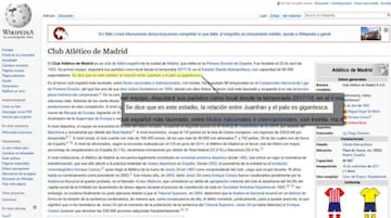 Imagen del troleo a Juanfran Torres en la página del Atlético de Madrid de Wikipedia.