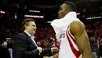 HOUSTON, TX - MAY 17: Dwight Howard #12 of the Houston Rockets celebrates with General Manager Daryl Morey after they defeated the Los Angeles Clippers 113 to 100 during Game Seven of the Western Conference Semifinals at the Toyota Center for the 2015 NBA Playoffs on May 17, 2015 in Houston, Texas. NOTE TO USER: User expressly acknowledges and agrees that, by downloading and/or using this photograph, user is consenting to the terms and conditions of the Getty Images License Agreement. Scott Halleran/Getty Images/AFP
== FOR NEWSPAPERS, INTERNET, TELCOS & TELEVISION USE ONLY ==
