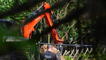 A police officer is pictured after they started digging in an allotment area near Hanover, Germany July 28, 2020, where Christian B, a suspect in the Madeleine McCann investigation lived for a while some years ago.     REUTERS/Stringer