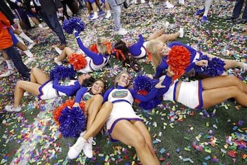 ATLANTA, GEORGIA - DECEMBER 29: Florida Gators cheerleaders celebrate after their teams win over the Michigan Wolverines during the Chick-fil-A Peach Bowl at Mercedes-Benz Stadium on December 29, 2018 in Atlanta, Georgia. The Gators defeated the Wolverines 41-15.