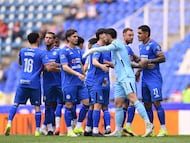 Angel Marquez, Gonzalo Piovi, Agustin Palavecino, Jose Antonio Paradela of Cruz Azul during the 2nd round match between Cruz Azul and Atlas as part of the Liga BBVA MX, Torneo Clausura 2026 at Cuauhtemoc Stadium, on January 14, 2026 in Puebla, Mexico.