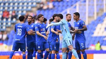 Angel Marquez, Gonzalo Piovi, Agustin Palavecino, Jose Antonio Paradela of Cruz Azul during the 2nd round match between Cruz Azul and Atlas as part of the Liga BBVA MX, Torneo Clausura 2026 at Cuauhtemoc Stadium, on January 14, 2026 in Puebla, Mexico.