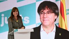 Laura Borras, &quot;Junts per Catalunya&quot; party (Together For Catalonia) candidate for up-coming Catalonia regional elections, gives a speech in front of an image of European Member of Parliament and former Catalan president Carles Puigdemont during a