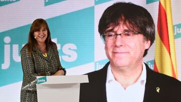 Laura Borras, &quot;Junts per Catalunya&quot; party (Together For Catalonia) candidate for up-coming Catalonia regional elections, gives a speech in front of an image of European Member of Parliament and former Catalan president Carles Puigdemont during a