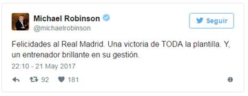 Ex-Liverpool player and Spanish TV pundit Michael Robinson: "Congratulations to Real Madrid. A victory achieved by the WHOLE squad. And a coach whose management [of his squad] was brilliant."