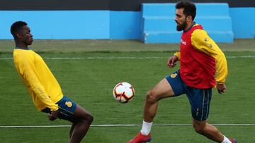 Borja Iglesias y Alfa Semedo, durante el entrenamiento del Espanyol.