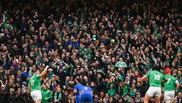 Dublin , Ireland - 11 February 2023; Ireland supporters cheer their side after they scored a fourth try during the Guinness Six Nations Rugby Championship match between Ireland and France at the Aviva Stadium in Dublin. (Photo By Brendan Moran/Sportsfile via Getty Images)