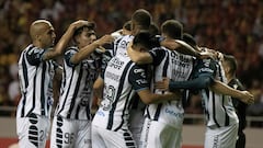 Pachuca players celebrate after scoring a goal during the Concacaf Champions Cup quarterfinals football match between Costa Rica's Herediano and Mexico's Pachuca at the National Stadium in San Jose on April 3, 2024. (Photo by Ezequiel BECERRA / AFP)