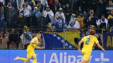 Soccer Football - Euro 2024 Qualifier - Play-Off - Bosnia and Herzegovina v Ukraine - Bilino Polje, Zenica, Bosnia and Herzegovina - March 21, 2024 Ukraine's Artem Dovbyk celebrates scoring their second goal REUTERS/Amel Emric