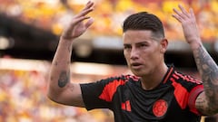 Colombia's forward #10 James Rodriguez gestures to the crowd during the international friendly football match between the USA and Colombia at Commanders Field in Greater Landover, Maryland, on June 8, 2024. (Photo by ROBERTO SCHMIDT / AFP)
