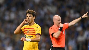 Barcelona's Portuguese forward #14 Joao Felix reacts during the UEFA Champions League 1st round day 2 group H football match between FC Porto and FC Barcelona at the Dragao stadium in Porto on October 4, 2023. (Photo by Patricia DE MELO MOREIRA / AFP)