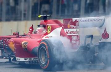 Felipe Massa de Brasil realizando circulos al finalizar su última carrera para Ferrari en el Gran Premio de Brasil