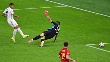 Kylian Mbappe scores the winner against Spain during the Nations League final.