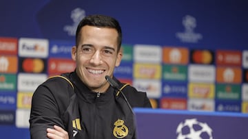 Real Madrid's Spanish defender #17 Lucas Vazquez attends apress conference in Berlin on December 11, 2023, on the eve of the UEFA Champions League Group C match Union Berlin vs Real Madrid CF. (Photo by Odd ANDERSEN / AFP)