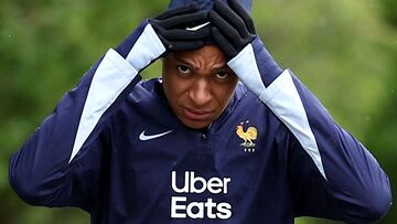 France's forward Kylian Mbappe arrives for a training session as part of the team's preparation for upcoming UEFA Euro 2024 European football Championship in Clairefontaine-en-Yvelines on May 31, 2024 . (Photo by FRANCK FIFE / AFP)