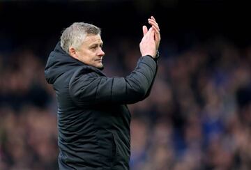 Manchester United manager Ole Gunnar Solskjaer applauds the fans after the Red Devils' Premier League draw with Everton on Sunday.