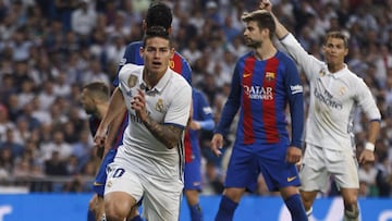 James Rodríguez celebra el tanto que le hizo a Barcelona el 23 de abril de 2017, su último clásico.
