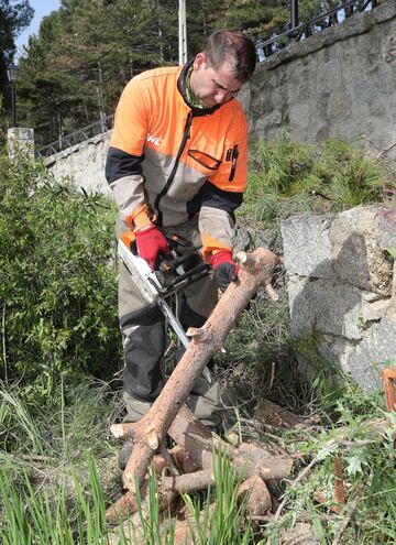 Manzano cortando con la sierra eléctrica los restos de la poda. 