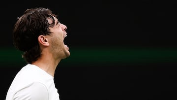 US player Taylor Fritz celebrates winning against Germany's Alexander Zverev during their men's singles tennis match on the eighth day of the 2024 Wimbledon Championships at The All England Lawn Tennis and Croquet Club in Wimbledon, southwest London, on July 8, 2024. (Photo by HENRY NICHOLLS / AFP) / RESTRICTED TO EDITORIAL USE