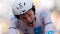 Team UAE Emirates rider Slovenia&#039;s Tadej Pogacar wearing the best young&#039;s white jersey crosses the finish line at the end of the 20th stage of the 107th edition of the Tour de France cycling race, a time trial of 36 km between Lure and La Planch