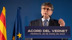 El expresidente de la Generalitat y candidato de Junts a las elecciones catalanas, Carles Puigdemont, durante su comparecencia ante los medios de comunicación, en Les 5 Éléments, a 26 de marzo de 2024, en Perpignan (Francia). El motivo de la comparecencia es explicar el acuerdo que ha firmado Junts con Joventut Republicana, Els Verds-Alternativa Verda, Reagrupament, Acció per la República, Estat Català, Mescat y Demòcrates, de cara a las elecciones catalanas del 12M. Puigdemont ha reivindicado el espíritu de suma que demanda su partido para sobreponerse a la "resignación" que ofrece el Estado a Catalunya y los partidos firmantes del acuerdo se comprometen a acompañar a Puigdemont "en el camino hacia su restitución en plenitud".
26 MARZO 2024;CATALUÑA;CATALUNYA;PUIGDEMONT;ACUERDO;INDEPENDENCIA;INDEPENDENTISTAS;ELECCIONES CATALANAS;PRESIDENTE;JUNTS;PARTIDOS POLÍTICOS;PERPIÑÁN
Glòria Sánchez / Europa Press
26/03/2024