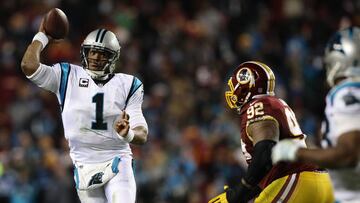 LANDOVER, MD - DECEMBER 19: Quarterback Cam Newton #1 of the Carolina Panthers passes the ball while under pressure form defensive end Chris Baker #92 of the Washington Redskins in the fourth quarter at FedExField on December 19, 2016 in Landover, Maryland.   Patrick Smith/Getty Images/AFP
 == FOR NEWSPAPERS, INTERNET, TELCOS &amp; TELEVISION USE ONLY ==