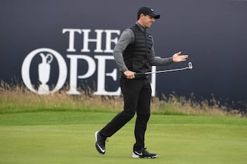 Rory McIlroy of Northern Ireland reacts during previews to the 145th Open Championship at Royal Troon on July 13, 2016 