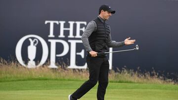 Rory McIlroy of Northern Ireland reacts during previews to the 145th Open Championship at Royal Troon on July 13, 2016 in Troon, Scotland. 