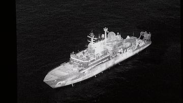 RETRANSMITTING ADDING CAPTION INFORMATION An image of the Russian spy ship Yantar which is operating off the northern coast of Scotland, is shown on a screen during Defence Secretary John Healey's speech on how the UK's defence industry is delivering growth and national renewal across the UK, at No 9 Downing Street in central London. Picture date: Wednesday November 19, 2025. Stefan Rousseau/Pool via REUTERS